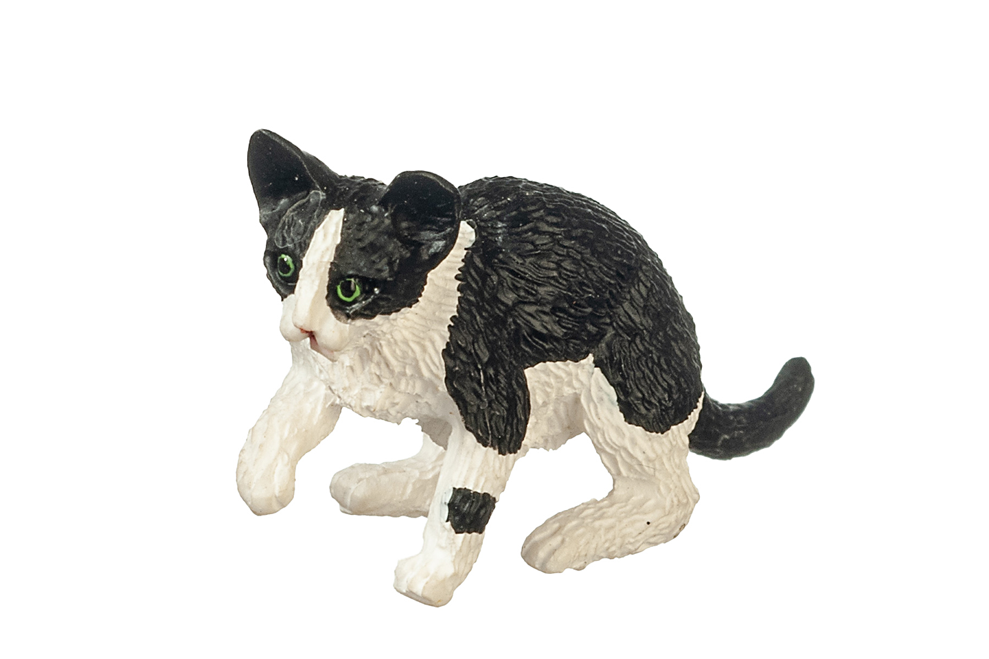 A small black and white cat with green eyes, sitting with its right paw raised in a playful pose, on a white background. It has one black spot on its left paw and the rest of its paws and legs are white. Its back and tail are all black. It has a white stripe down its nose, having a typical "mask and mantle" coat pattern.