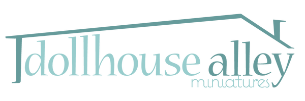 Dollhouse Alley logo: the abstract illustrated shape of a house with a chimney surrounds the words Dollhouse Alley Miniatures.