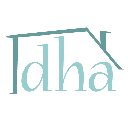Dollhouse Alley mini logo: the abstract illustrated shape of a house with a chimney surrounds the letters D, H, A. 