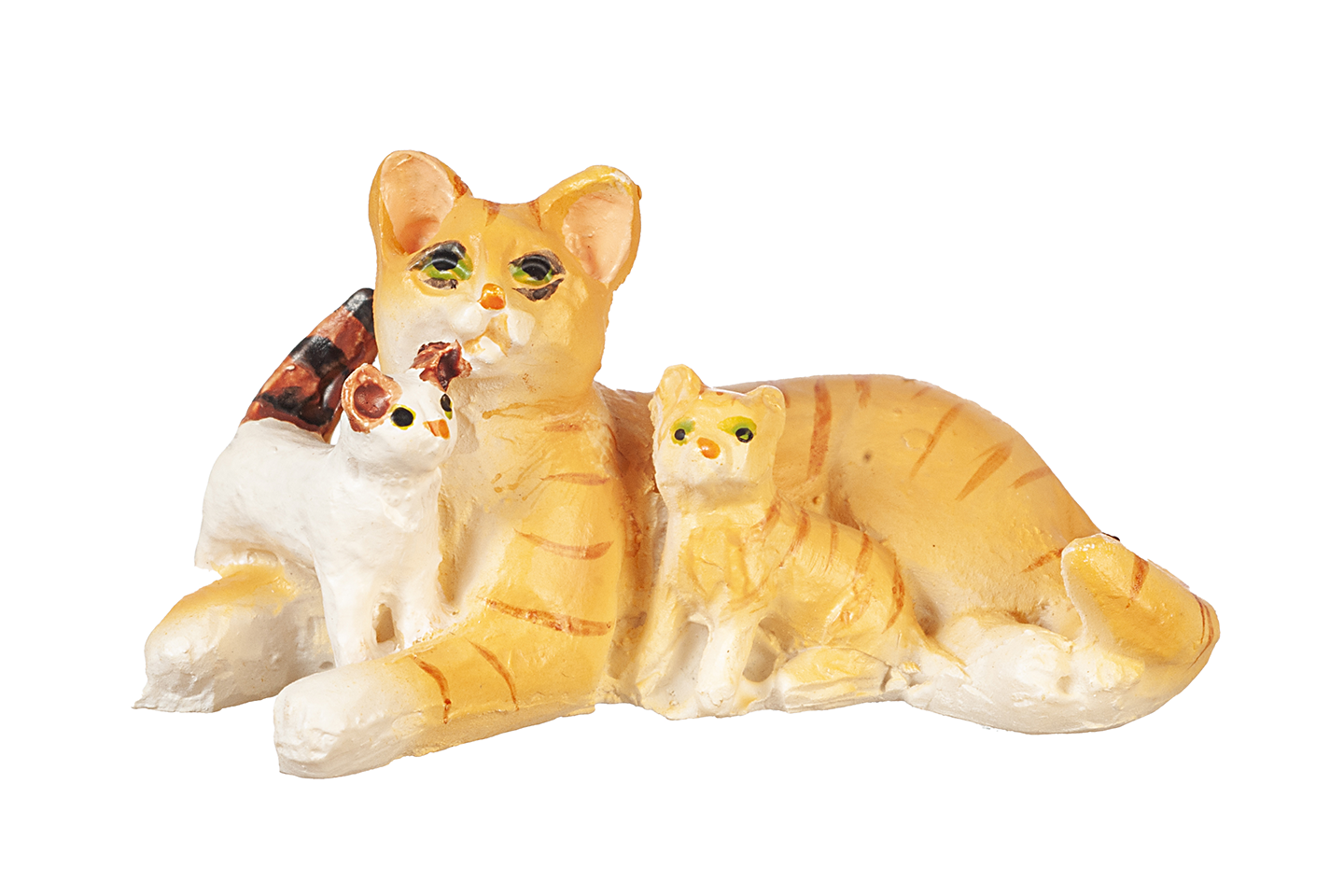 Orange and white tabby cat figurine cuddling with two kittens, one white with black and orange ears and tail, and another orange and white tabby, on a white background