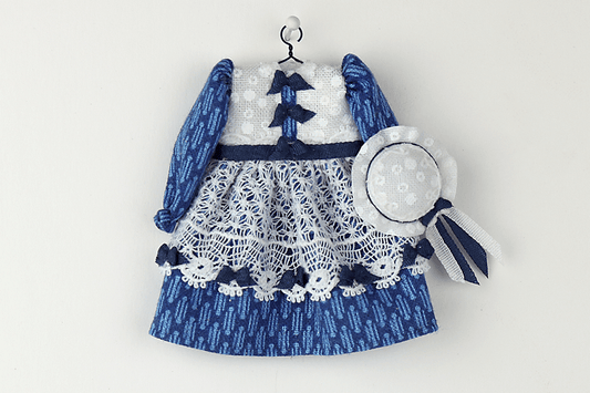 Blue Lacy Dress with Pinafore and Hat