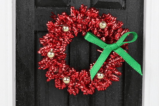 Red Tinsel Wreath with Green and Gold Accents