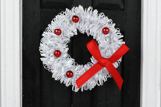 White Tinsel Wreath with Red Accents